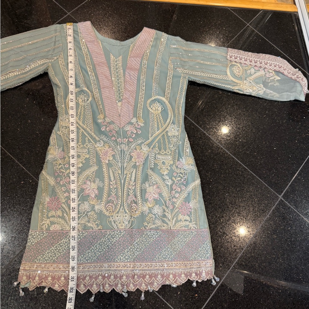 Elegant Embroidered Dress - Blue and Pink